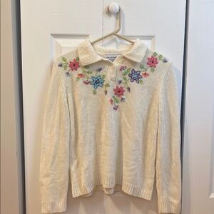 Alfred Dunner Cream Crew Neck Sweater with Floral Embroidery